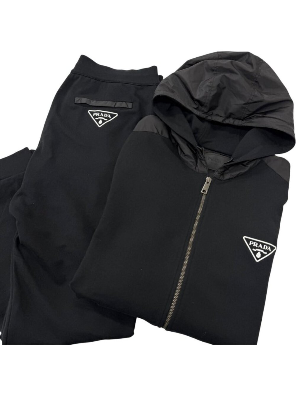 Prada Re-Nylon Triangle Logo Hoodie Sweatshirt Pants Set Black XL
